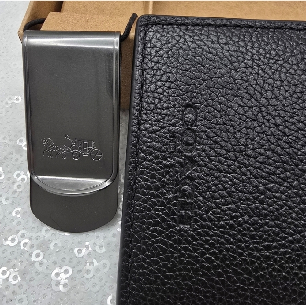 Coach Boxed Card Case & Money Clip Gift Set Black Leather - Picture 7 of 12